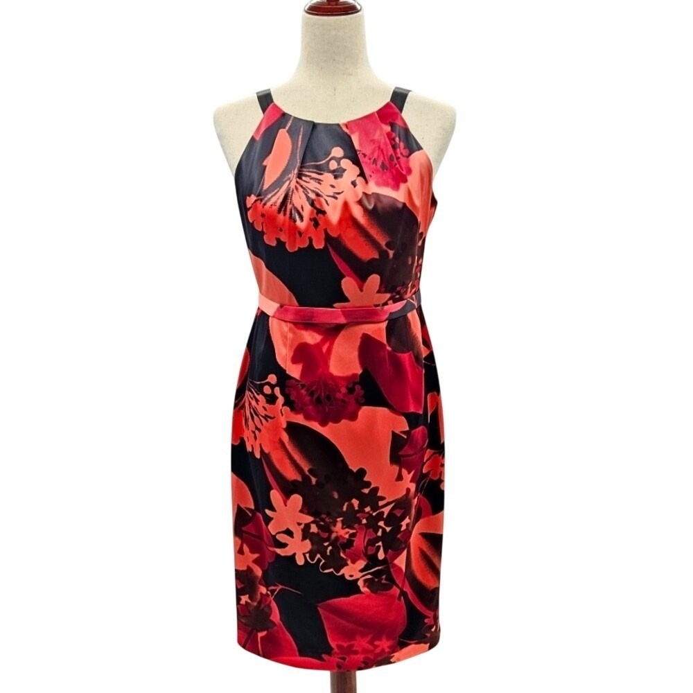 Tahari Womens Sheath Dress Floral Print Red‎ Black Sleeveless Belted Size 4
